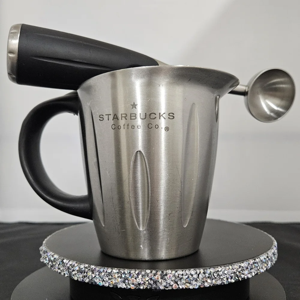 STARBUCKS Barista Set milk frother coffee scoop stainless pitcher GUC 20 oz